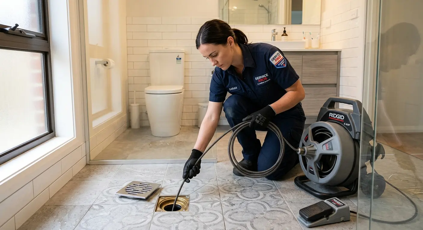 Technician clearing a bathroom floor drain for Drain Cleaning in Shakopee
